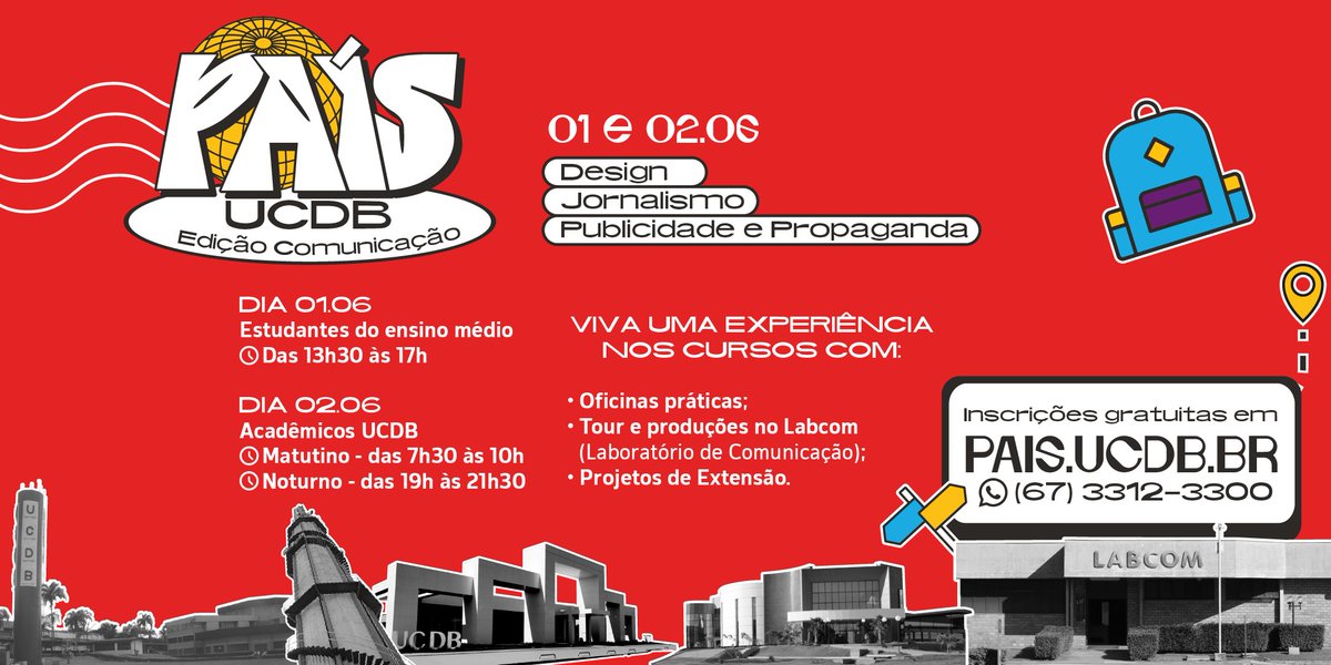 UCDBoficial's tweet photo. Está pensando em cursar Design, Jornalismo e Publicidade e Propaganda?

O País UCDB Comunicação é para você!

Serão dois dias de oficinas práticas, projetos de extensão e tour no Laboratório de Comunicação .

Inscreva-se em: https://t.co/o5Zun7qMye.

#ucdb #paisucdb #comunicação https://t.co/GYZYVOgldf