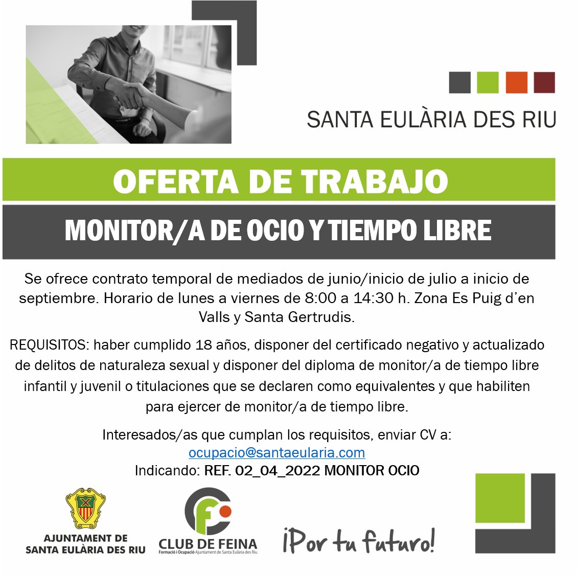 Santa_Eularia's tweet photo. ‼️ Oferta de empleo ‼️ Si cumples los requisitos envía tu currículum a 📧 ocupacio@santaeularia.com
.-.-.
‼️ Oferta de feina ‼️ Si compleixes els requisits envia el teu currículum a 📧 ocupacio@santaeularia.com https://t.co/QMw2rCVBQ0
