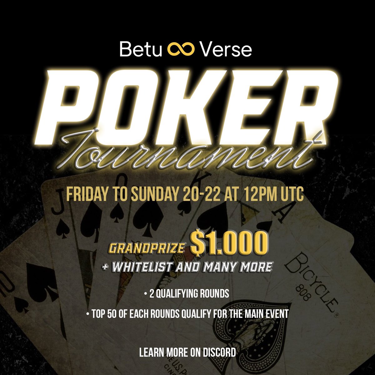 Hey, BetuVerse! Buckle up and get ready for the ♠️Poker Tournament♥️ this weekend! Bigger and better with TWO qualifying rounds and 1000$ prize pool! 

Join our discord for more details discord.gg/betu 🃏

#NFTGiveaway #NFTCommmunity #NFT #NFTcollections #nftcollectors