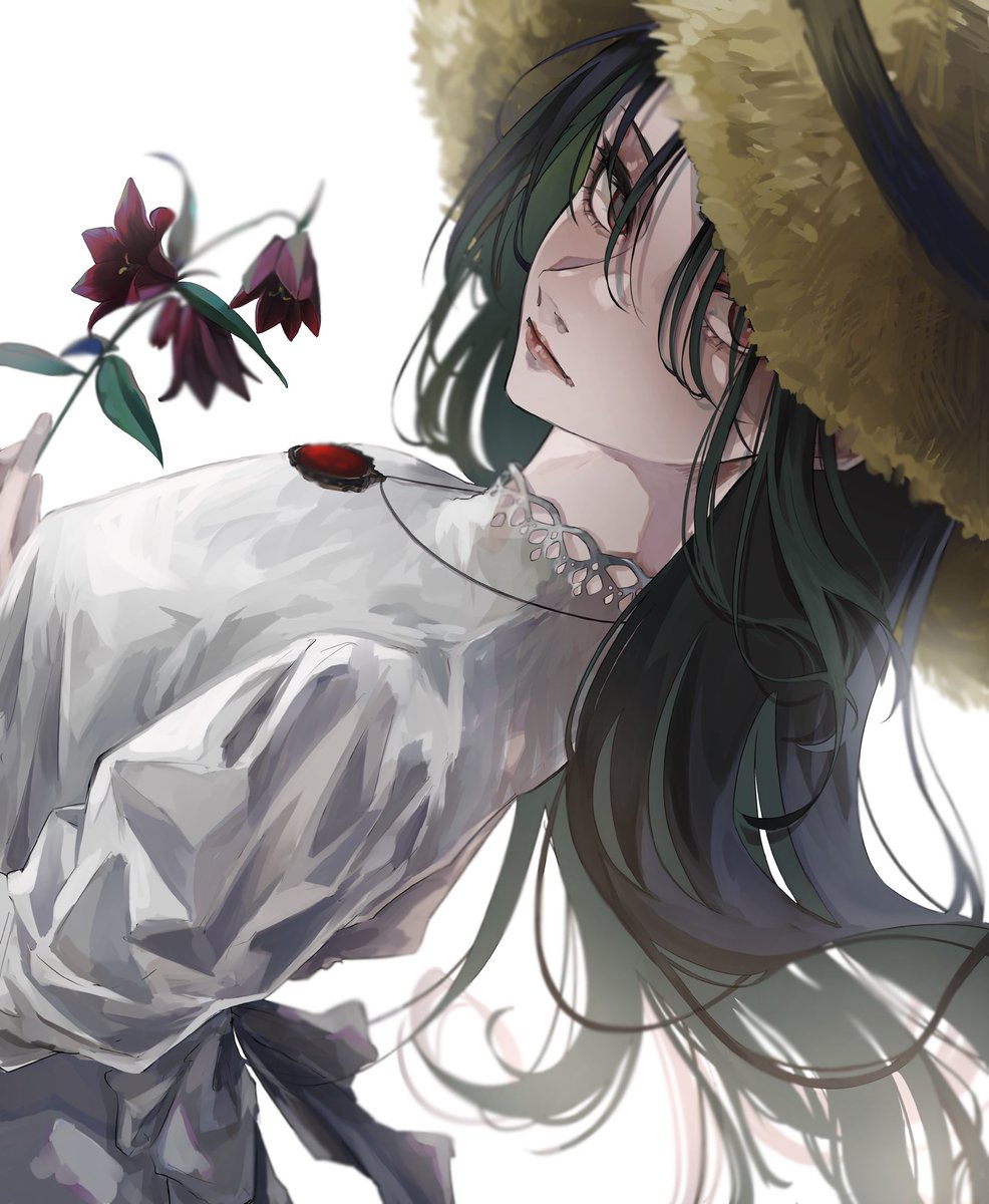 1girl solo hat flower long hair black hair holding flower  illustration images