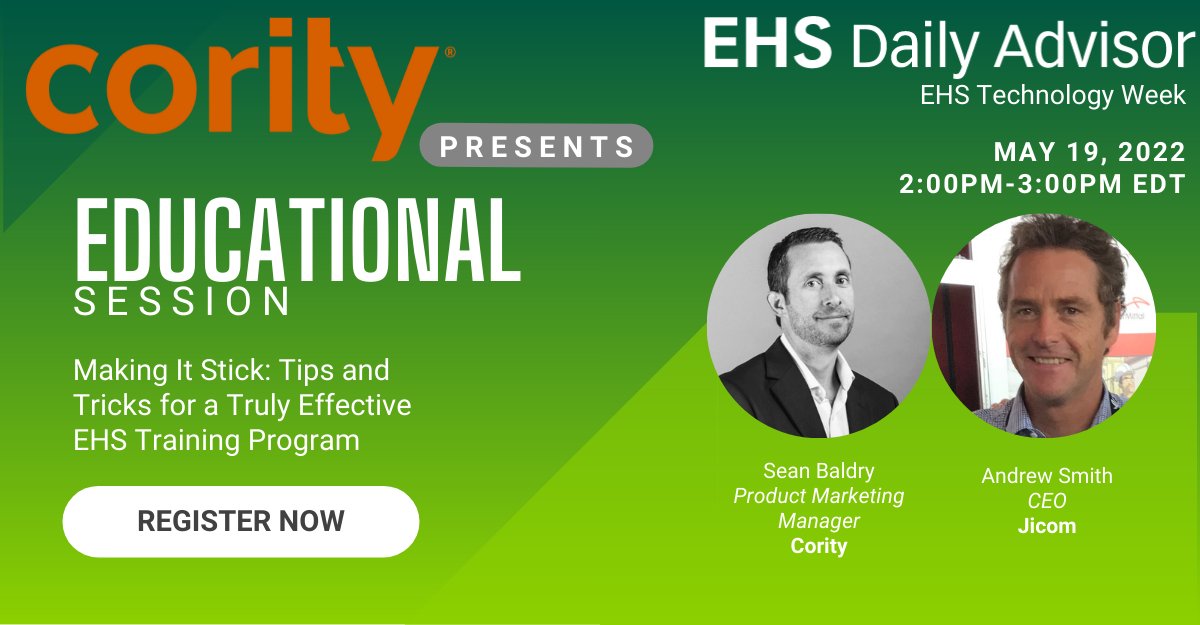 EHSLdrs's tweet image. Understand the importance of #EHS #training and its impact on the bottom line, when you join  @CoritySoftware for a special #EHSTechWeek2022 webinar that will bring your #safetytraining program into the 21st century. Save your spot before time runs out! bit.ly/3LIYJJu
