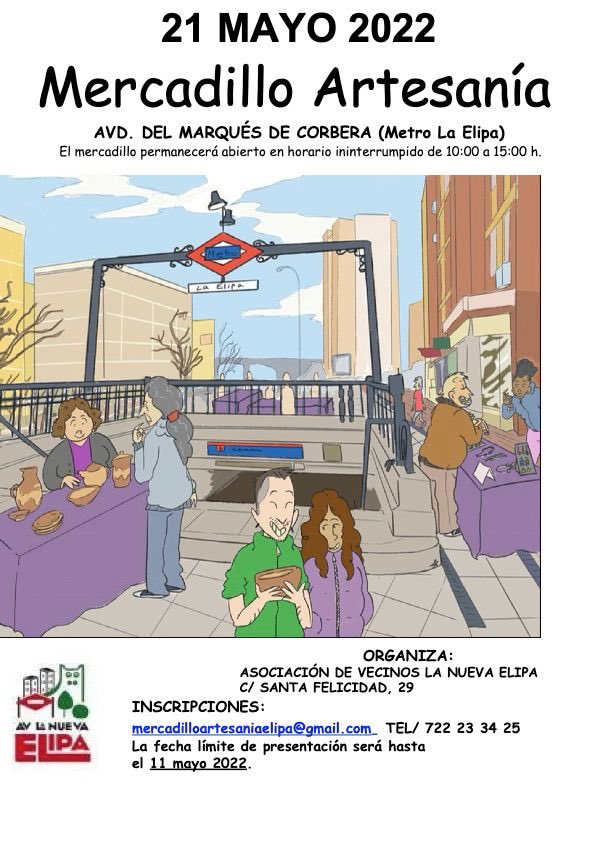 Este sábado estaremos en el mercadillo artesano de La Elipa en el cual podrás comprar nuestras artesanías, ¡y conocernos un poco mejor! Sábado 21 de Mayo en la Avenida Marqués de Corbera (metro La Elipa) de 10 a 15hs, ¡pásate a vernos!😉