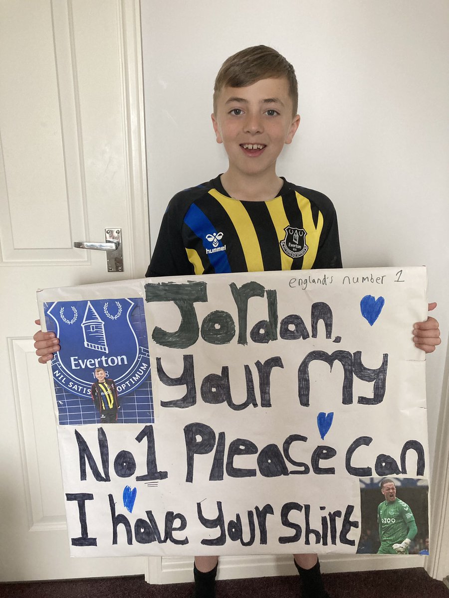 Clairegrog's tweet photo. @JPickford1 Hi, please can you look out for Jake, lower Gwladys behind the goal,  are his hero he is there every week and loves watching you  warm up, he now copies you when he has his own matches 😍 x https://t.co/NouiROyOcG