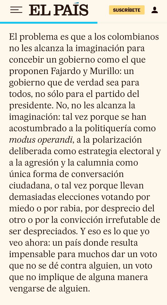 #LecturaRecomendada «Por qué Fajardo», columna de Juan Gabriel Vásquez, en <a href="/el_pais/">EL PAÍS</a> — Frente a los clientelismos y las politiquerías que son el paisaje usual en nuestra política, el suyo es un raro caso de intransigencia.
elpais.com/america-colomb…