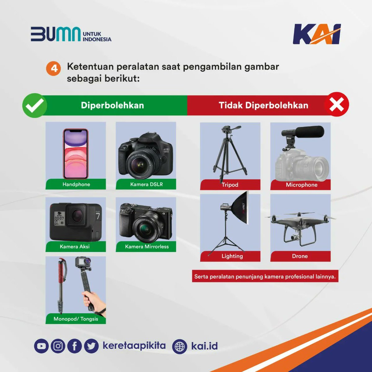keretaapikita's tweet photo. Aturan Pengambilan Gambar di Lingkungan Kereta Api

#Railfriends, siapa nih yang suka banget mengambil foto dan video di stasiun dan di dalam KA? Nah simak yuk aturan mengambil gambar di stasiun! https://t.co/U1rU7DFOFN