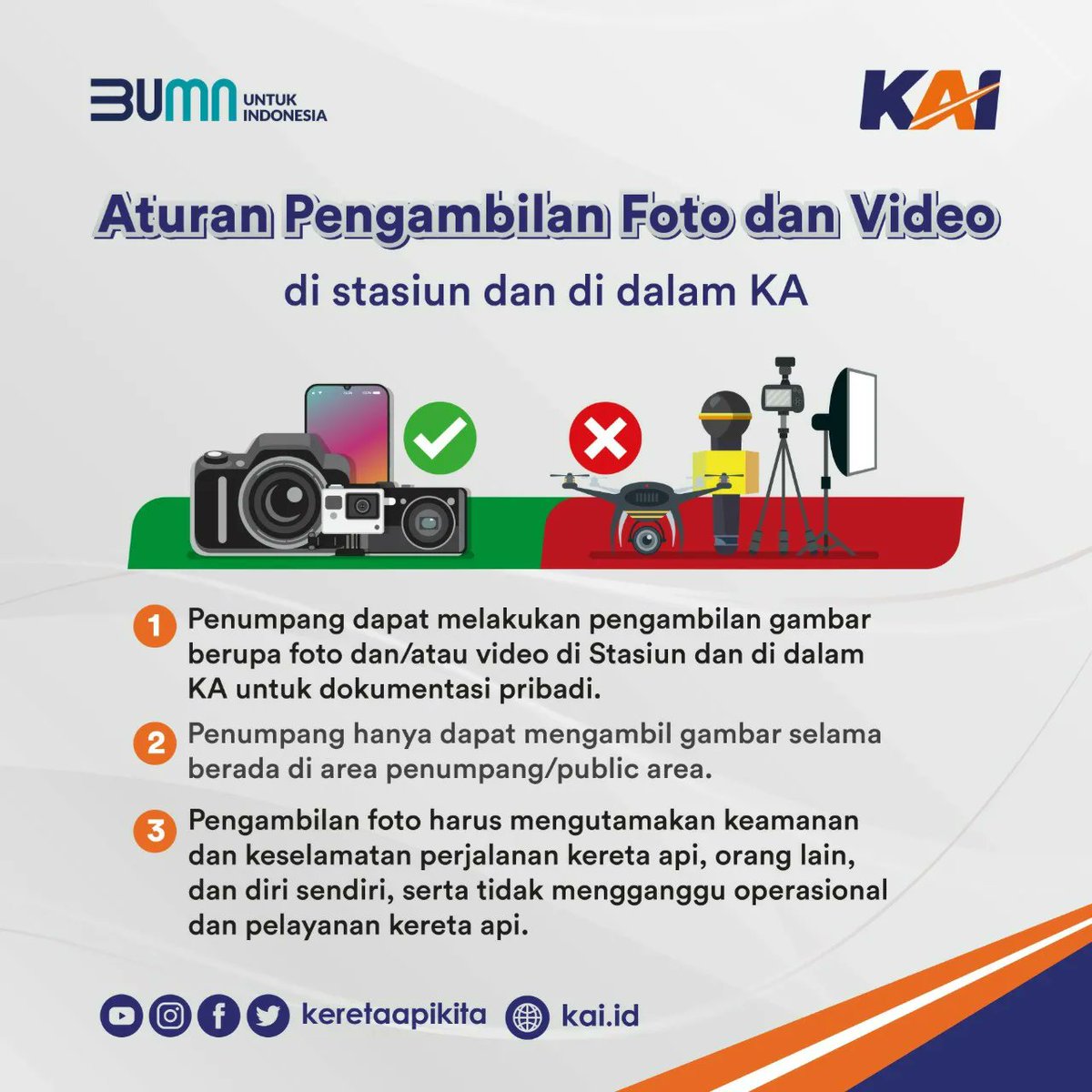 keretaapikita's tweet photo. Aturan Pengambilan Gambar di Lingkungan Kereta Api

#Railfriends, siapa nih yang suka banget mengambil foto dan video di stasiun dan di dalam KA? Nah simak yuk aturan mengambil gambar di stasiun! https://t.co/U1rU7DFOFN