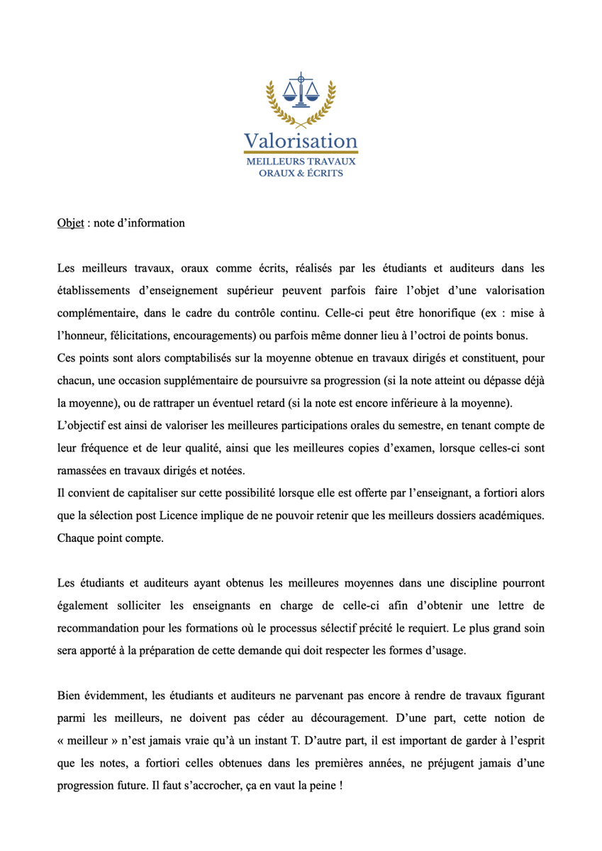 TourresG's tweet photo. Quelle #valorisation des #meilleurs #travaux #oraux-#écrits ?🧑🎓
Cette note d'#information propose une #bonification en ce sens : #félicitations/#points/#recommandation👀
➕d'infos➡️https://t.co/mhVRWx3Jvu
#progression #sélection #courage #Droit #Licence #Master #Doctorat #LMD https://t.co/UdXK3Gc2dz