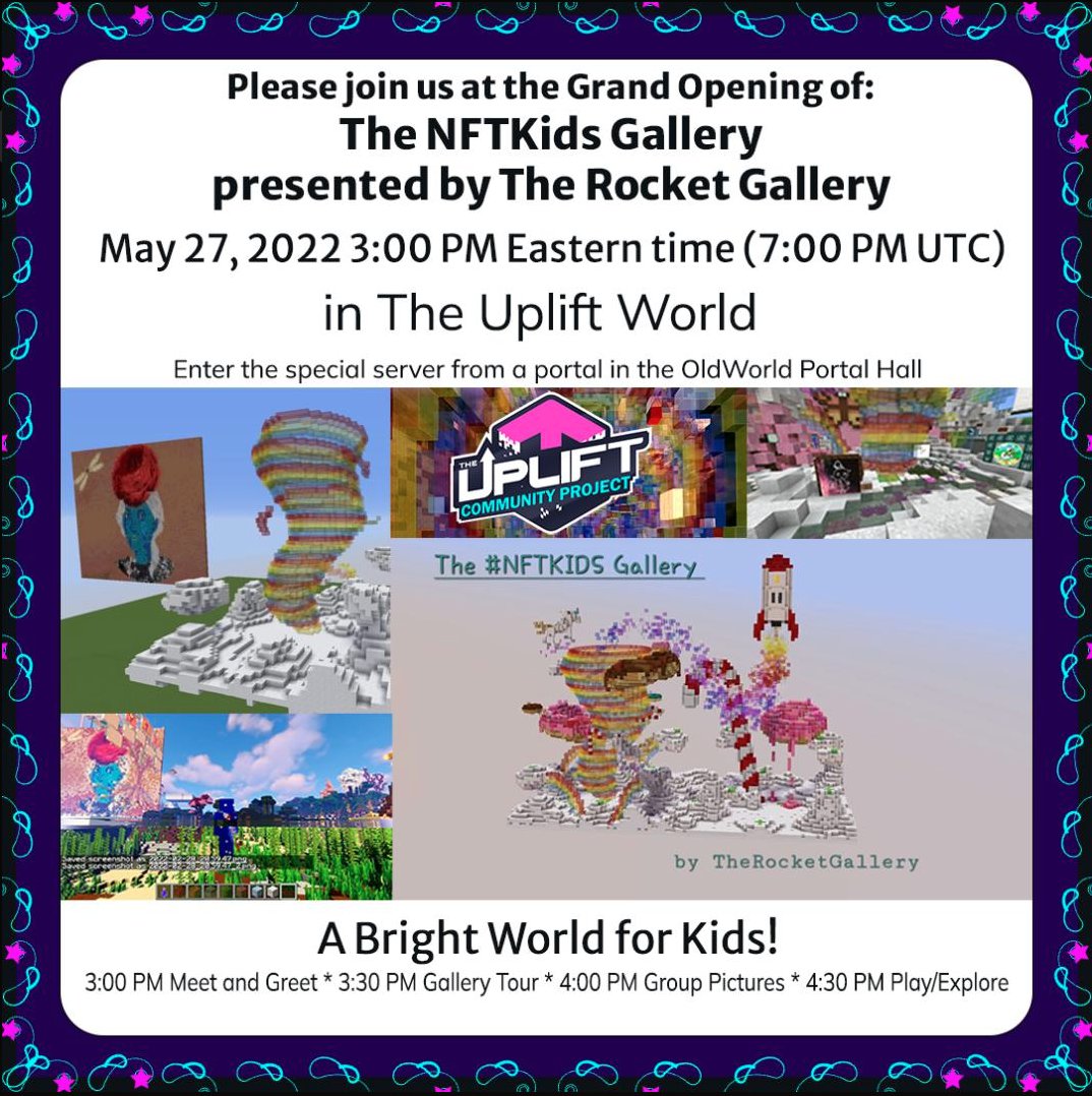 Ready for this GRAND OPENING?! 🤩 A Bright World for Kids!! The NFTKids Gallery will be presented by The Rocket Gallery in the #Upliftworld on May 27! 🔥 #nftcommunity #nftkids @flowergirlsnft @magicmindnft <a href="/swedish_gold/">Andreas Hillborgh</a> #nftart