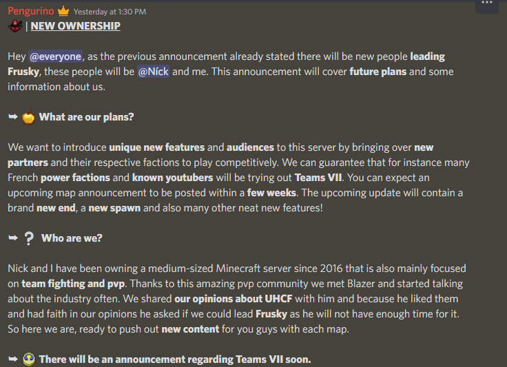 ColdnetworkLLC's tweet image. Our Official Statement regarding @FruskyMC has been posted in their discord. More information about UHCF will be released on there managed by @ColdnetworkLLC 

discord.gg/FQRjAUvMRR