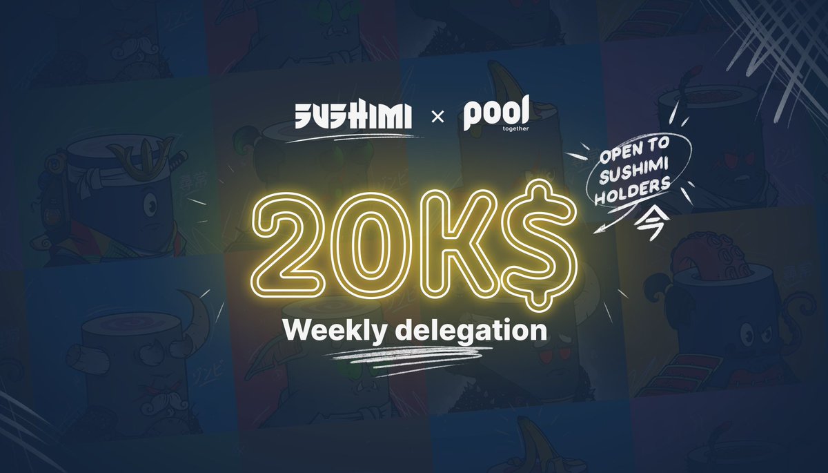 Hey anon. Did you mint your Sushimi yet? 

It's your golden ticket to our week-long $20000 delegation on <a href="/PoolTogether_/">PoolTogether</a> 

To participate:
1️⃣ Own a Sushimi NFT
2️⃣ Head to the 💵20k💵 channel on Discord: discord.gg/3e9wXKrDs3
3️⃣ Interact with the WEEK 1 post to enter.

 24H left!