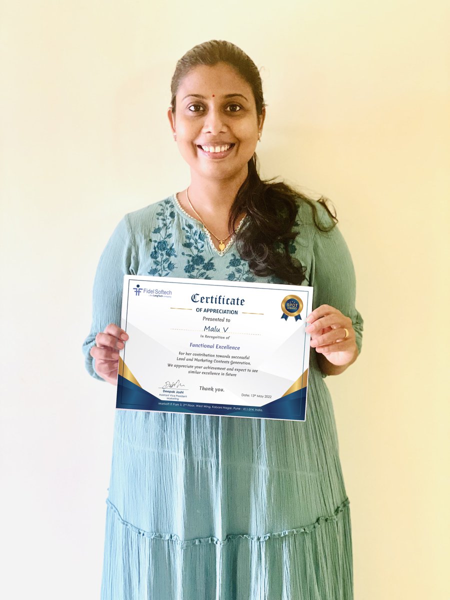 maluv_malu's tweet photo. Extremely glad to share a piece of happy news with you all!

I have received Spot Award 2022 from @FidelTech  
 
Thank you so much our CEO @suku99 Sir for this opportunity, and @deepakJTech Sir for mentoring me and all my marketing team colleagues for your support.

#spotaward'22 https://t.co/TUA9SOEme6