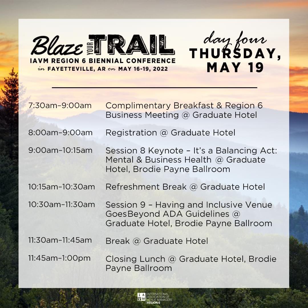 IAVMRegion6's tweet photo. It's been an incredible week at the #IAVMRegion6 Biennial Conference, but all good things eventually come to an end. Join us for the annual Business Meeting & breakfast this morning followed by our last two education sessions session as we wrap up the week ⛰ #BlazeYourTrail https://t.co/Fp8f69lW2C