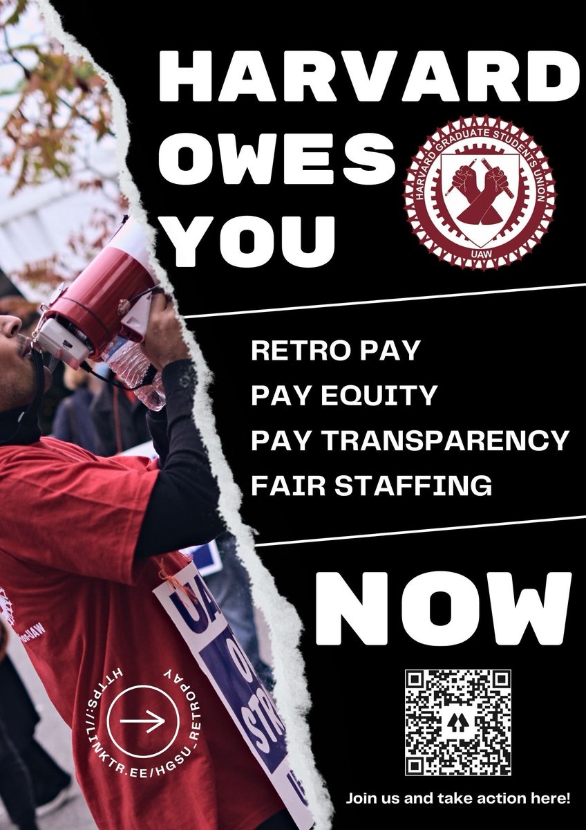 Harvard owes YOU! Join us in our fight for better pay practices, pay transparency, and fair staffing. Sign our open letter and make sure you've gotten your retro pay. Harvard could owe you up to $1,000- take action now to make sure you're not missing out! linktr.ee/hgsu_retropay?…