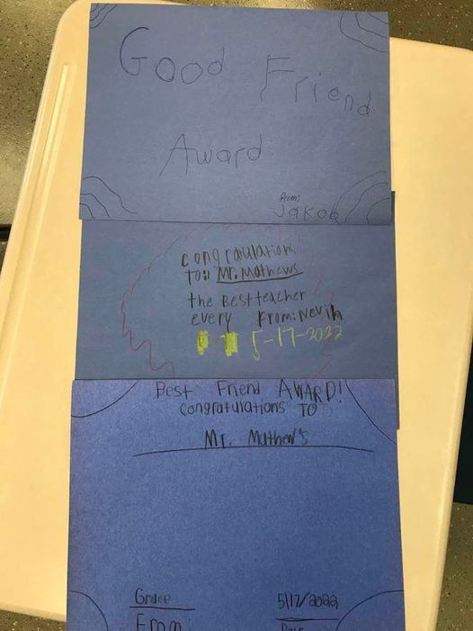 mwmathews's tweet photo. Honored and extremely humbled to receive awards from the Life Skills class. “Good Friend Award” from Jakob, “Best Friend Award” from Grace and “Best Teacher Every” from Nevin. Thanks kids, you are always a highlight of my day! https://t.co/qATFAdoRwN