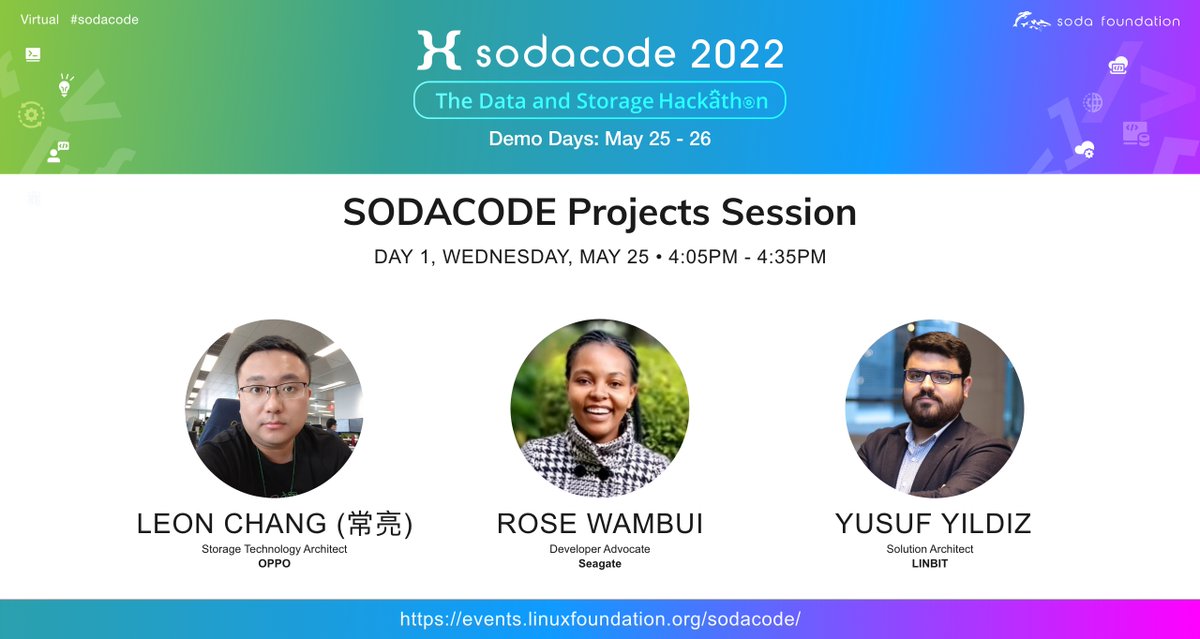 sodafoundation's tweet photo. Hear @OPPO Storage Technology Architect Leon Chang, @Seagate Developer Advocate Rose Wambui, and @linbit Solution Architect @yyildiz talk about SODACODE Projects #CubeFS #CORTX #LINSTOR on May 25, 4:05 - 4:35 PM JST #sodacode 2022 Demo Days
https://t.co/RpbEO2QkWs https://t.co/0bE0MX8GwK