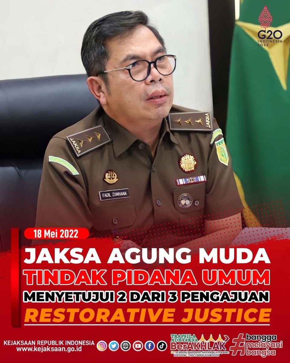 KejaksaanRI's tweet photo. Rabu 18 Mei 2022, Jaksa Agung RI melalui Jaksa Agung Muda Tindak Pidana Umum (JAM-Pidum) Dr. Fadil Zumhana menyetujui 2 (dua) dari 3 (tiga) Permohonan Penghentian Penuntutan Berdasarkan Keadilan Restoratif. https://t.co/hle5LYCzTI