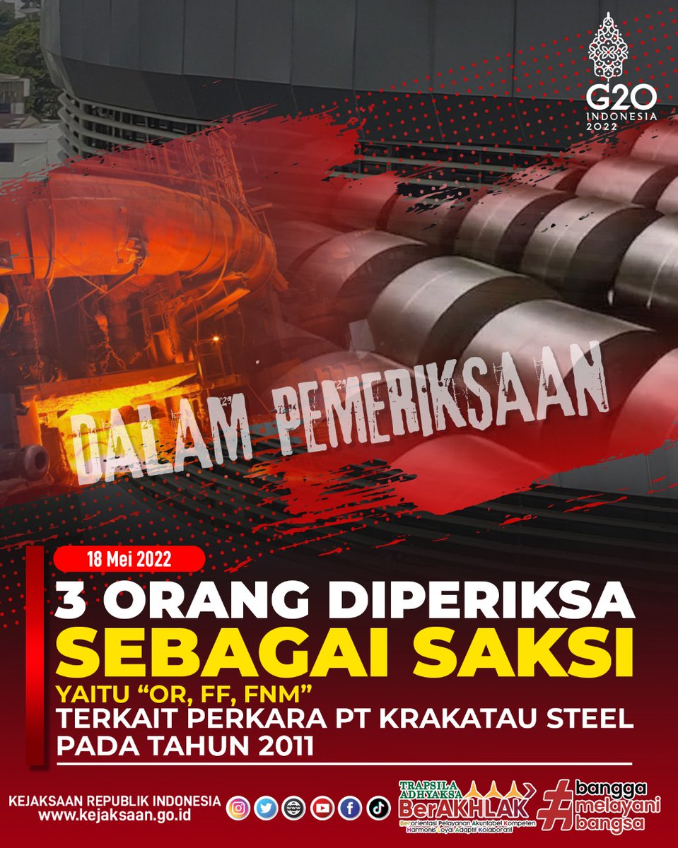 KejaksaanRI's tweet photo. Rabu 18 Mei 2022, Tim Jaksa Penyidik pada Direktorat Penyidikan JAM PIDSUS Kejaksaan Agung melakukan pemeriksaan terhadap 1 orang saksi yang terkait dengan Perkara Dugaan Tipikor dalam Pengadaan Pesawat Udara pada PT. Garuda Indonesia (persero) Tbk. Tahun 2011-2021.

#KejaksaanRI https://t.co/dqW6FX1doh
