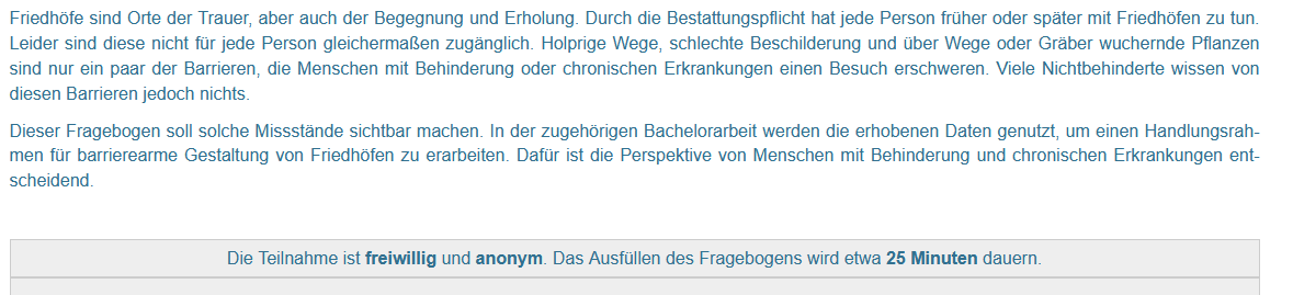 kira_nunh's tweet photo. Hallo #Twitter und vor allem hallo #Behindertenbubble!
Ich brauche eure Hilfe: Für meine Bachelorarbeit habe ich eine Umfrage zu Barrierearmut auf Friedhöfen erstellt, die nun Teilnehmende braucht. Im Bild unten findet ihr ein paar wichtige Vorab-Infos.
Teilen erwünscht! https://t.co/vqBqu2tfyE