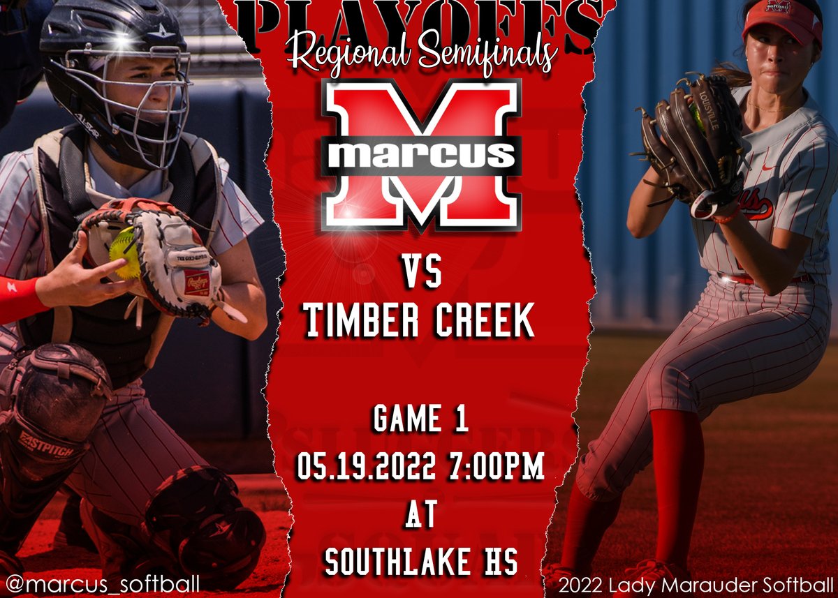 IT'S TIME!!!!  Game 1.  Lady Marauders go back to work this evening.  You do not want to miss it.  Pack the stands and be loud to cheer them on!
🆚Timber Creek HS
📆Thur 05.19.22
⏰7:00PM
📌Southlake HS
🎟southlakecarroll.edu/Page/2819