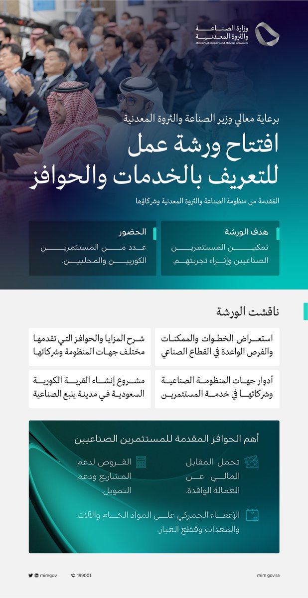 mimgov's tweet photo. #إنفوجرافيك | افتتاح ورشة عمل للتعريف بالخدمات والحوافز المقدمة من قبل منظومة #الصناعة_والثروة_المعدنية وشركاؤها https://t.co/vSluWCBb7Z