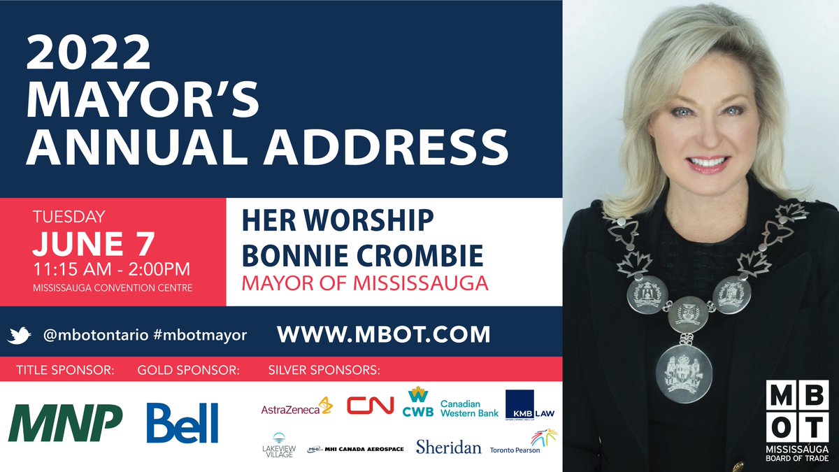 Bonnie Crombie 🇨🇦 (@bonniecrombie) on Twitter photo Please join me on Tuesday June 7 at 11:15 a.m. for my Annual State of the City Address, hosted by <a href="/MBOTOntario/">Mississauga Board of Trade</a>. I'll be speaking to all the great initiatives underway in #Mississauga, and our vision for the future of this great city. Tickets and info here: bit.ly/3Lp6m6W Please join me on Tuesday June 7 at 11:15 a.m. for my Annual State of the City Address, hosted by <a href="/MBOTOntario/">Mississauga Board of Trade</a>. I'll be speaking to all the great initiatives underway in #Mississauga, and our vision for the future of this great city. Tickets and info here: bit.ly/3Lp6m6W