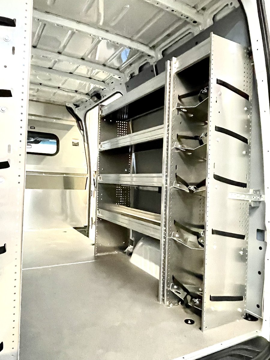 MobileColdSol's tweet image. 2022 @MBvansUSA Sprinter 144” wb high roof cargo van upfit with @RangerDesignInc components &amp;amp; sliding door window installed. Contoured aluminum partition w/ window, shelving units, locker, locking shelving doors, partskeeper cases, bottle racks &amp;amp;hook.