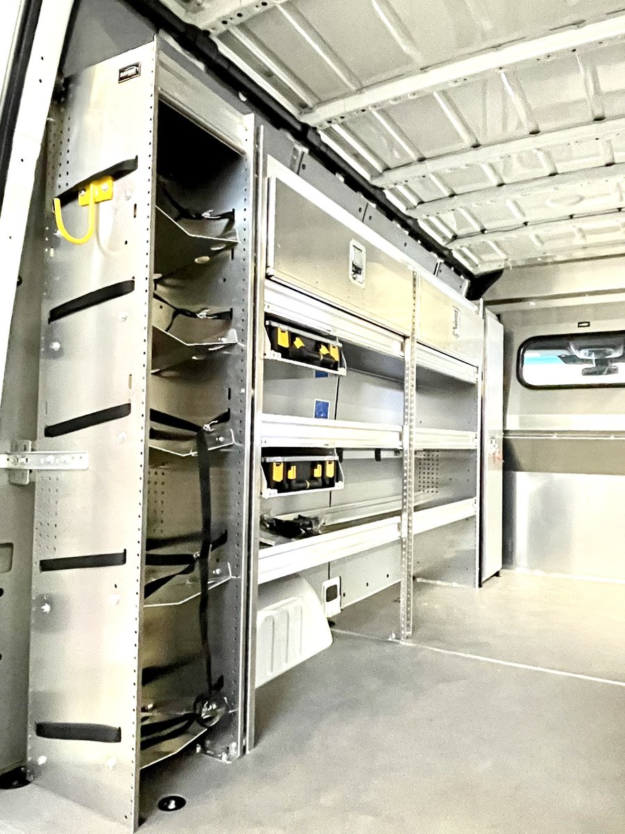 MobileColdSol's tweet image. 2022 @MBvansUSA Sprinter 144” wb high roof cargo van upfit with @RangerDesignInc components &amp;amp; sliding door window installed. Contoured aluminum partition w/ window, shelving units, locker, locking shelving doors, partskeeper cases, bottle racks &amp;amp;hook.