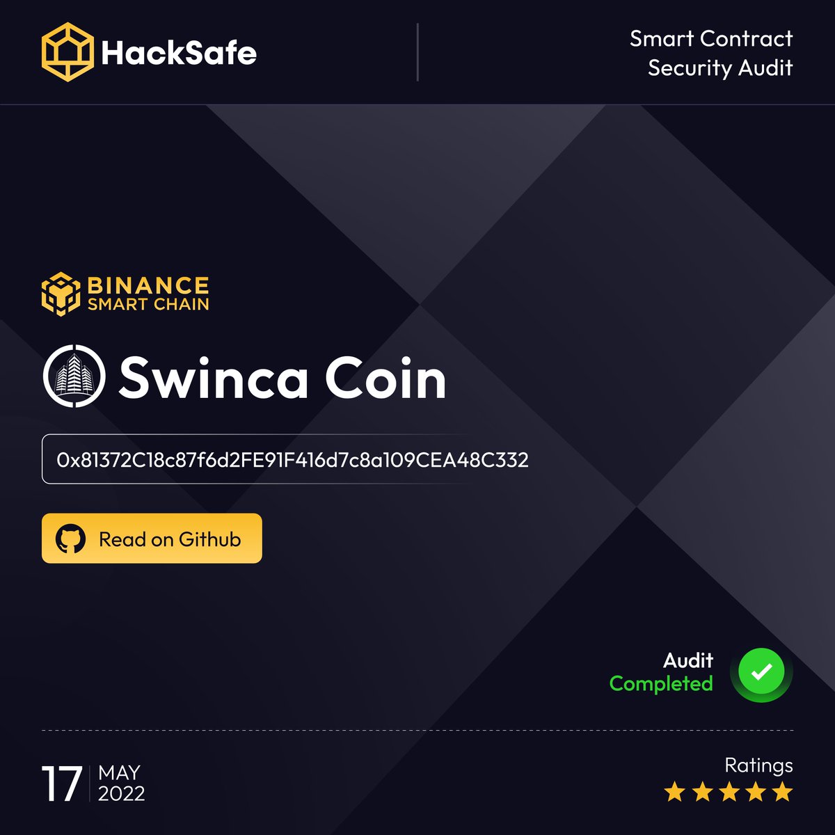 HackSafe has completed The Comprehensive Security #Audit of Smart Contract Of #SwincaCoin👍

Request our service at : hacksafe.io
Read Swinca Coin Audit report : hacksafe.io/swinca-coin/
Know more: swincacoin.com

<a href="/Swinca_/">Swinca</a> #Smartcontract #BSC #cryptocurrency