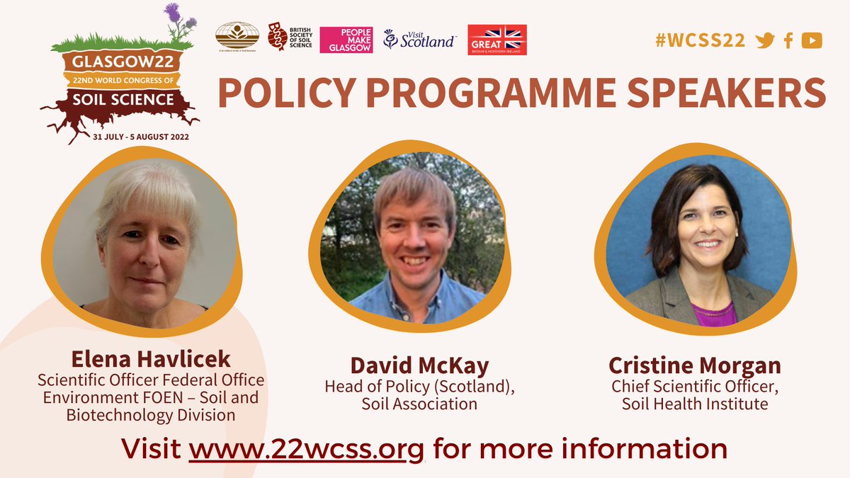 Passionate about the #environment? #Register today for #WCSS22 this summer and delve into the world of #soil #policy in these #sessions focused on #sustainability with @DMcKaySA, Elena Havlicek and Cristine Morgan. Register here: 22wcss.org/registration/ #IUSS #BSSS #SoilScience