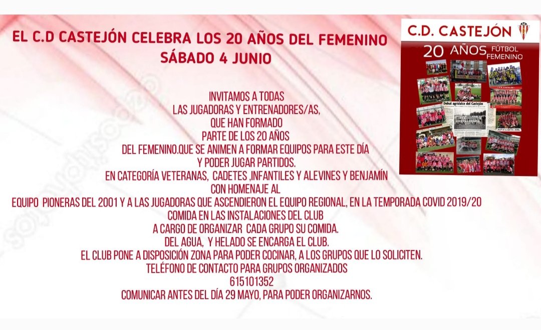 Preparamos el evento de 20 años Fútbol Femenino del C.D Castejón Queremos que llegue el mensaje a todas nuestras jugadoras y entrenadores/as ,que han formado parte a lo largo de estos 20 años de nuestro Club Animaros a formar equipos entre vosotras, para organizar el evento.