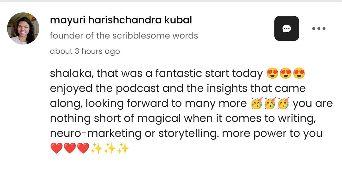shalakulkarni's tweet image. Here's a stranger's comment on my first podcast episode. Made my day! 🤩

Thanks to @leapdotclub and @MentzaCircles for creating wonderful communities ✨

#WriteClick #podcast