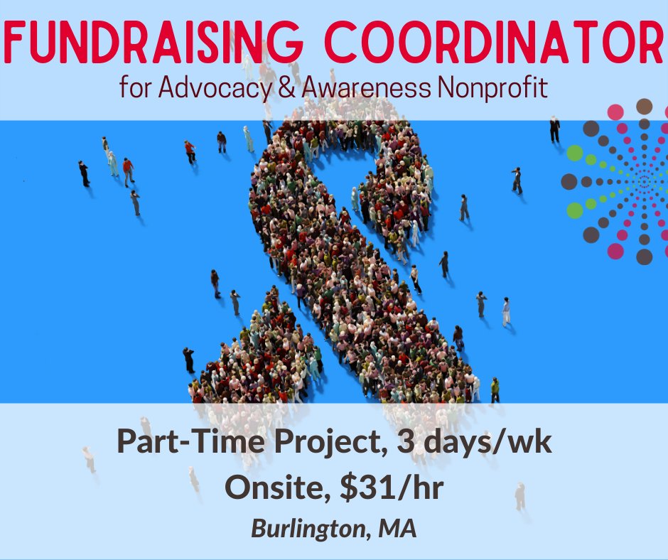 New job! Fundraising Coordinator for advocacy and awareness nonprofit. PT schedule, 3 days/wk in Burlington, MA. Support fundraising and event management. See more and apply: bit.ly/3llNGue 

#parttime #flexible #flexiblework #nonprofit #Advocacy #jobs