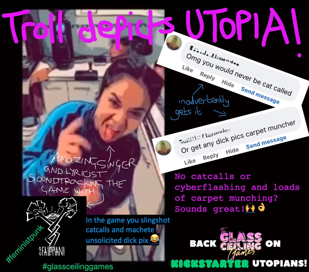 glassceilingame's tweet photo. One of our reels got trolled, but he somehow depicted utopia! Thanks dude. Back our @Kickstarter to really annoy him 😆✊ 

https://t.co/gDzzffMUbz

#carpetmunching #nocatcalls #nocyberflashing #gameoverforsexism #feminism #utopia #trolled #glassceilinggames https://t.co/pD19ixUyx4