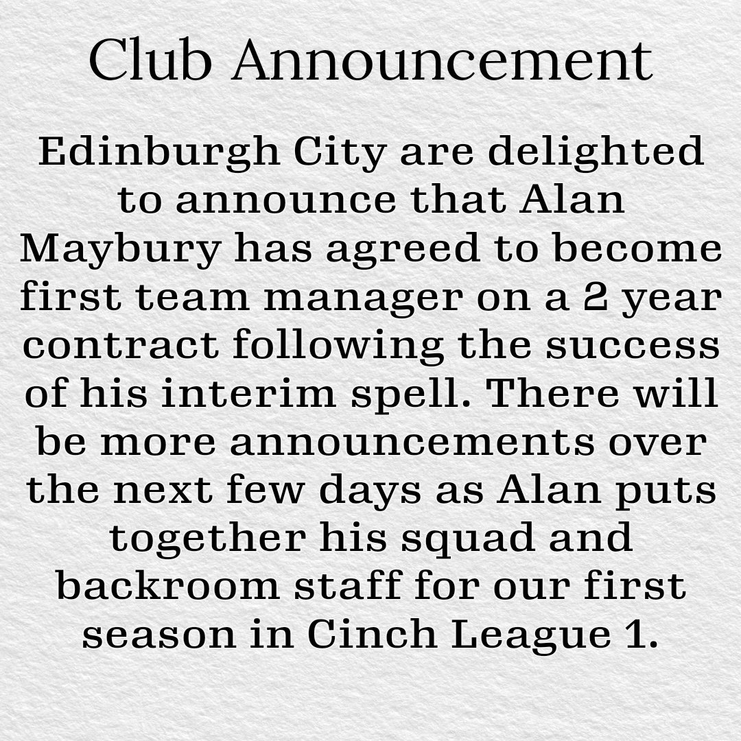 EdinburghCityFC's tweet photo. We could not be happier to announce that @Teddymaybs has taken the Reigns permanently 😍🖤🤍 https://t.co/TPE2g74ROi