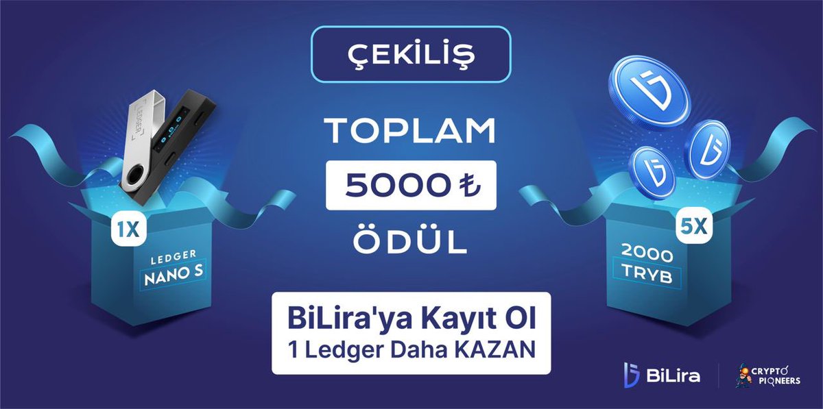 💥#bilira ÖZEL ÇEKİLİŞ🤩

✅ <a href="/BiLira_Official/">BiLira_Co</a>  &amp; @CryptoPioners hesaplarını takip et!
🔁 Bu tweet'i RT'le!

Ödüller:
🎁 1 kişiye Nano Ledger S (~1.500₺)
🎁 5 kişiye 2000 #TRYB token (2.000₺)

Ayrıca 72 saat içinde bilira.co’ya üye olan 1 kişiye daha Nano Ledger S!