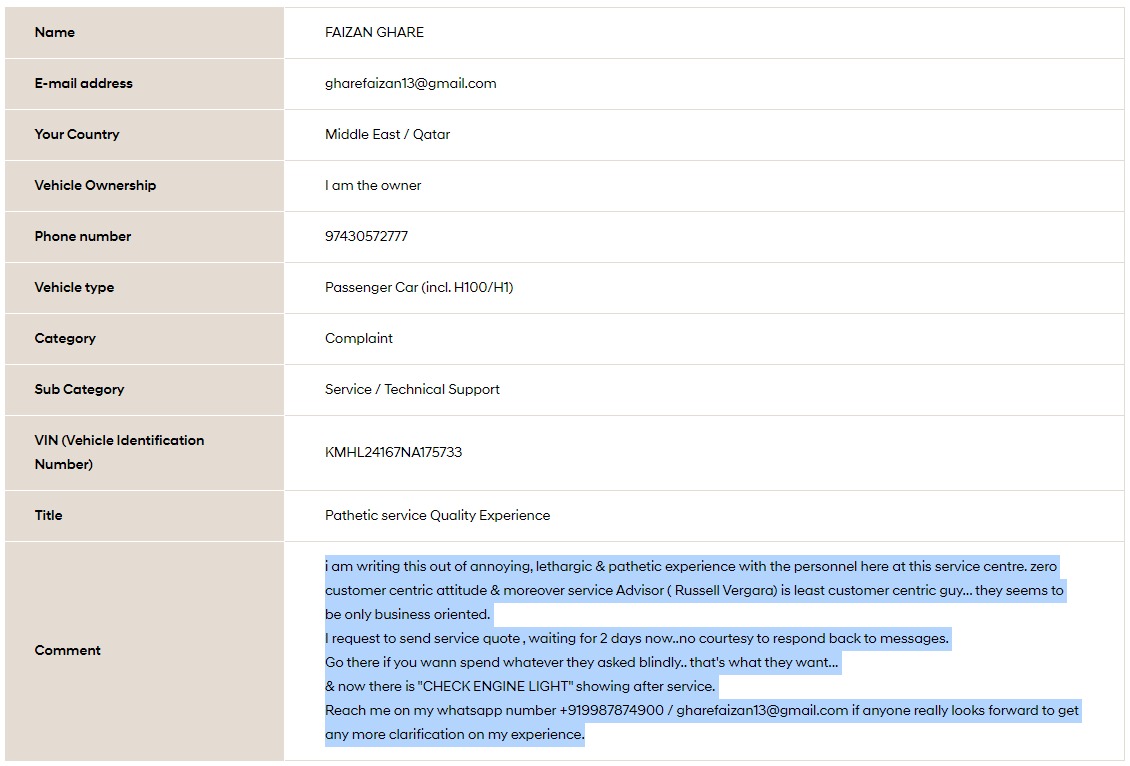 lethargic &amp; pathetic experience with the personnel at Jaidah Automotive Hyundai service center. zero customer centric attitude.
"CHECK ENGINE LIGHT" showing after the service.