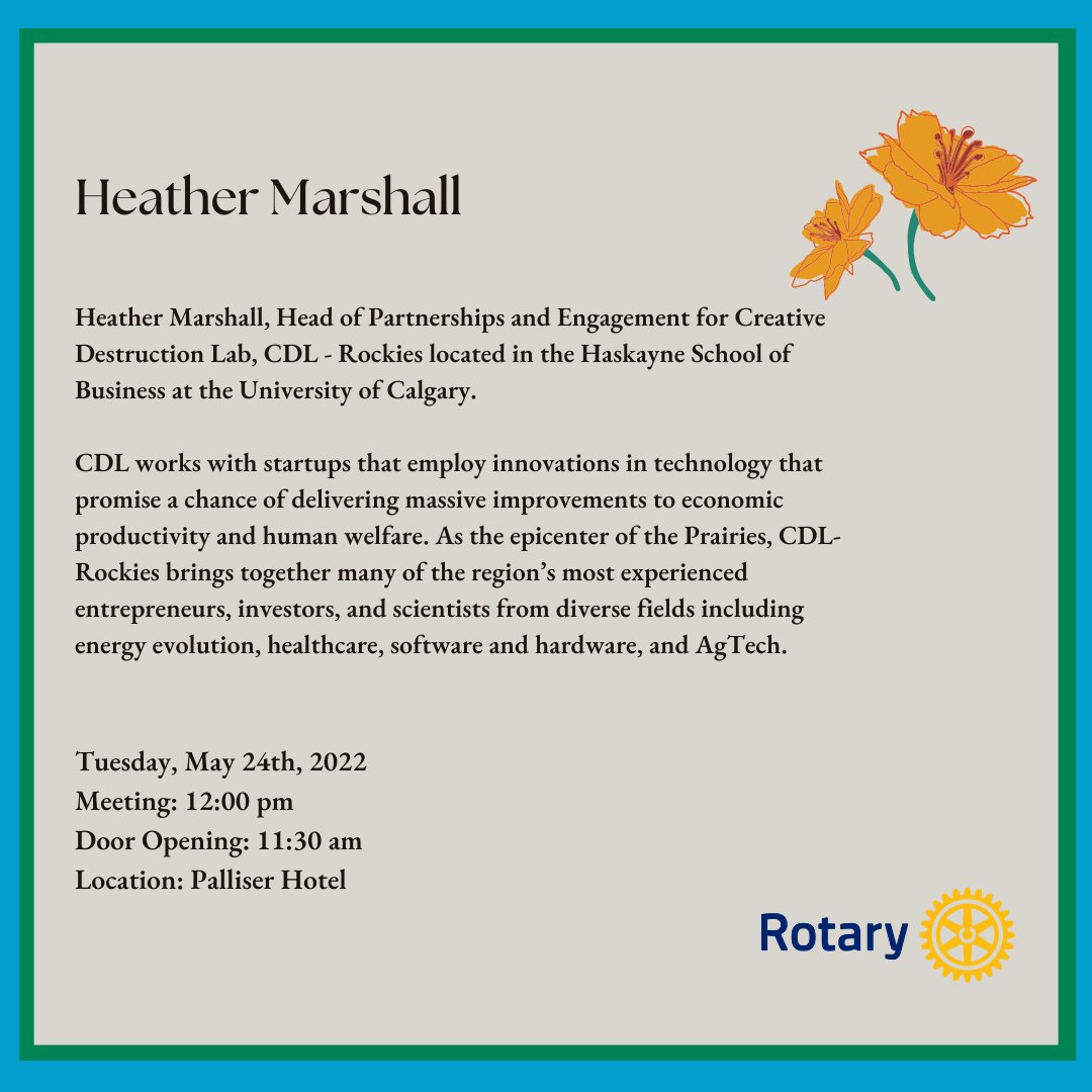 Hello Rotarians, 

There are just a few minutes left to register on the Rotary Website for the Club meeting at the Palliser Hotel on Tuesday, May 24th. Our Guest Speaker is Heather Marshall.

Register TODAY before NOON using this link: 
crsadmin.com/EventPortal/Re…