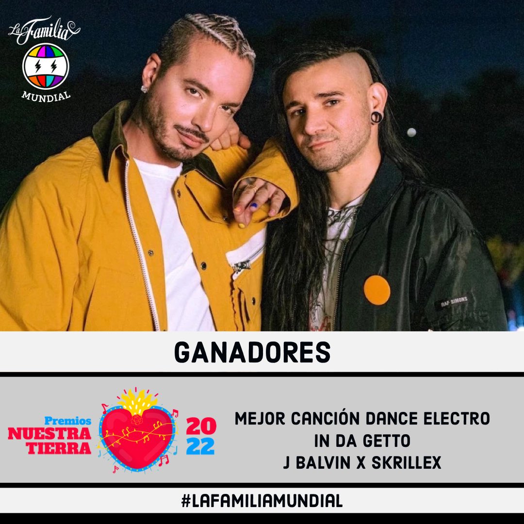 LaFamiliaUSA_'s tweet photo. .@JBALVIN x @Skrillex 's "In Da Getto" won #PremiosNuestraTierra award for Best Dance Electro song #InDaGetto #LaFamiliaUSA #JBalvin Fan Club 🇺🇸 #LaFamiliaMundial https://t.co/KbBi48ExdQ