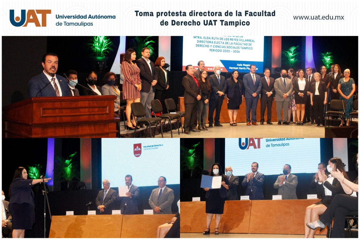 UAT_mx's tweet photo. El C. P. Guillermo Mendoza Cavazos, Rector de la #UAT, encabezó la ceremonia de toma de protesta de la Mtra. Elda Ruth de los Reyes Villarreal como Directora de la Facultad de Derecho y Ciencias Sociales Tampico #FADYCS para el periodo 2022-2026. https://t.co/EXdwzGwroo