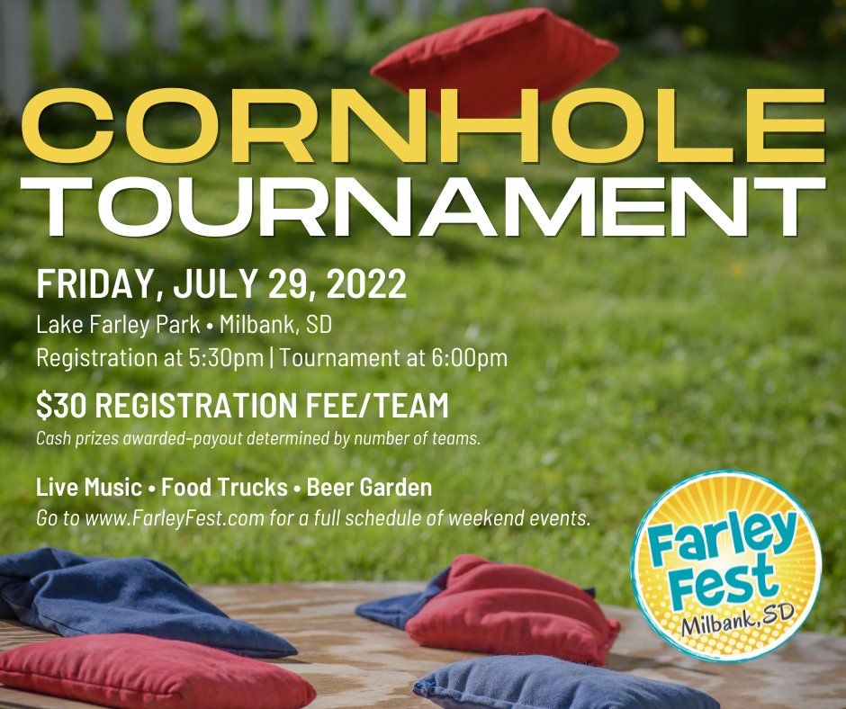 Cornhole Tournament at Farley Fest—Friday July 29th. Preregister now at FarleyFest.com (on the entertainment page).
#milbanksd #milbankchamber #cornholetournament #farleyfest
