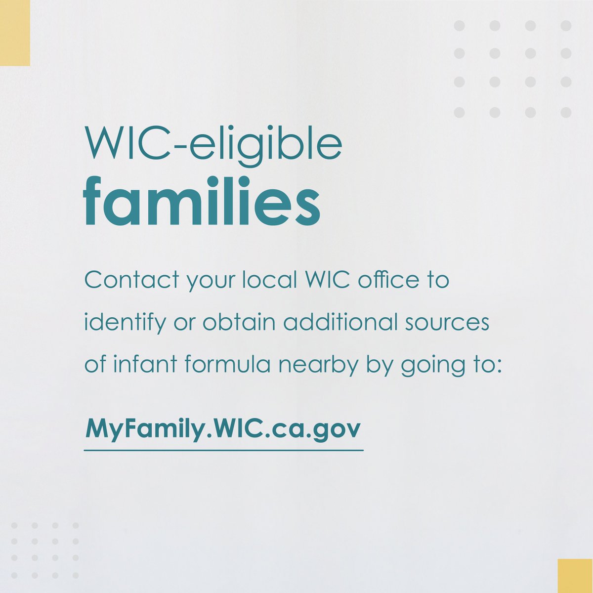 If you cannot find formula at the store these resources may be able to help: bit.ly/HHS-Baby-Formu… and MyFamily.WIC.ca.gov. #CaliforniaWIC #WIC #infantformula #formulashortage