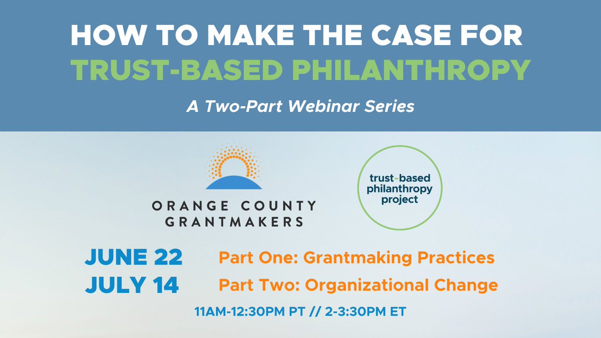 TrustBasedPhil's tweet image. Join us w/ @OCGrantmakers this summer to explore how foundation staff at any level can champion a trust-based approach. We'll unpack how #trustbasedphilanthropy ✅ benefits funders, ✅ benefits nonprofits, and ✅furthers philanthropy’s collective goals. trustbasedphilanthropy.org/events/2022/6-…
