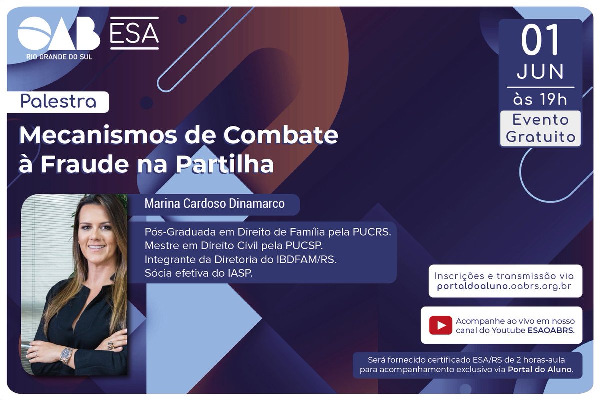 A ESA/RS realiza palestra que abordará os Mecanismos de Combate à Fraude na Partilha com a advogada Marina Cardoso Dinamarco. No evento serão apresentados os tipos mais comuns de fraudes, os instrumentos e ações para evitar a fraude. Confira em: bit.ly/3yNNYlA