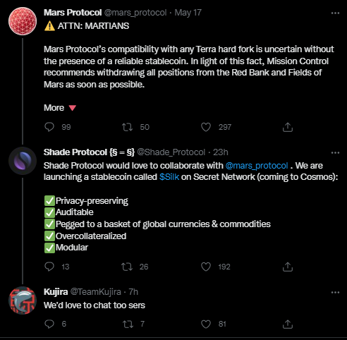 Well this is bullish for $SHD 👀

Would love to see <a href="/TeamKujira/">teamkujira</a> partner w/ <a href="/Shade_Protocol/">Shade Protocol ❎</a> to bring their liquidation markets to the $SCRT ecosystem.

$KUJI $MARS #Cosmos #IBC