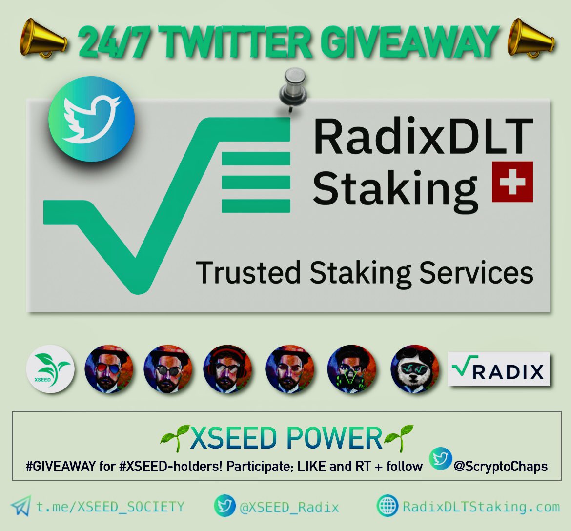 XSEED_Radix's tweet photo. 📣🌱Time for a 24/7 #Giveaway for #XSEED holders! 🌱📣

🎉To celebrate a major goal at
🇨🇭https://t.co/JiPiAHdUIE we will given away 5 $CHAP #NFT every 24 hours, 7 days in row! 🔥🔥

Participate👇
🌱-Like &amp; Retweet
🌱-Follow @ScryptoChaps &amp; @Kesswitz | https://t.co/H2kGwxAUc0🇨🇭 https://t.co/swnhe0chqQ