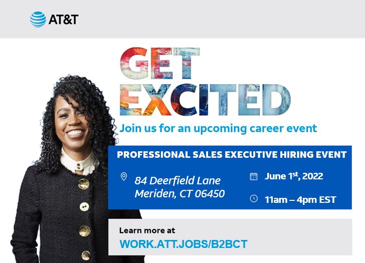 CT Sales Executive #Hiring Event / Join us on June 1st from 11a - 4pm / 84 Deerfield Ln, Meriden, CT /Hiring for Mobility Sales Executives/ Sign-on bonus available / Check local postings for more details! work.att.jobs/B2BCT #LifeAtATT  #SalesJobs #Connecticut #CT