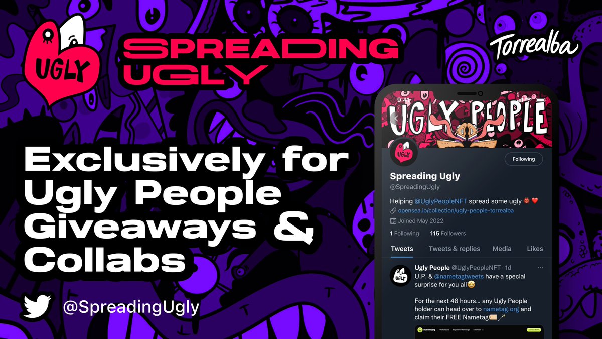 Say hello to @spreadingugly, the official Ugly People™ giveaways account!

To keep feeds clean and content well organized, we’ve launched a new separate Twitter account exclusively dedicated to giveaways &amp; collabs! Drop a follow and help spread some UGLY!

#NFTGiveaways #NFT