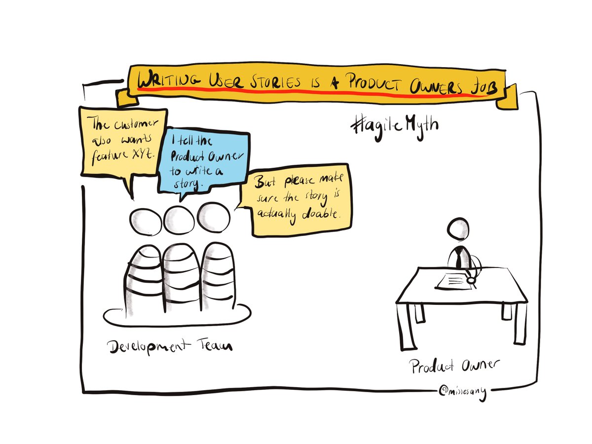 I am confronted with the statement that only the product owner writes &amp; prioritizes user stories.But for reasons I don’t understand, many people seem to be convinced that it is a core task of the product owner to sit down at his desk and write a user story wibas.com/blog/agile-myt…
