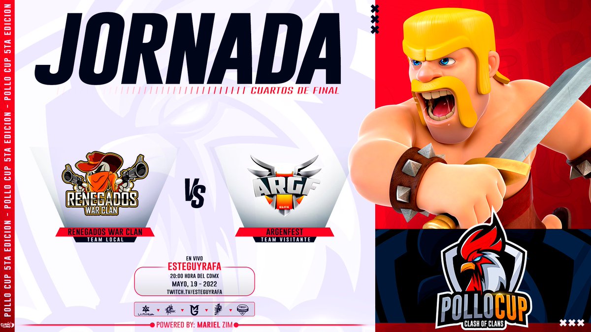 Esta noche! Esta noche! 
Guerraza!! Cuartos de Final🐔🐔

@RenegadosCocMex 🆚 <a href="/argenfest1/">ARGENFEST</a> 
⏰8pm 🇲🇽🇨🇴10pm🇧🇷🇦🇷

CÁMARAS 🎥 ACTIVADAS
Más cerquita de los 1000💵

Míralo por: @esteguyrafa_coc 
Y <a href="/MarielZ2010/">MᥲrιᥱᥣZιm ✨🌺✨</a> 

twitch.tv/esteguyrafa
twitch.tv/marielzim
facebook.com/MarielZim