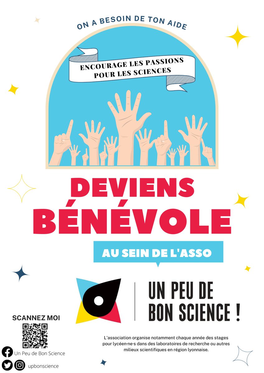 L'association <a href="/upbonscience/">Un Peu de Bon Science !</a> est toujours à la recherche d'âmes motivées pour le bénévolat ! C'est toi qui gères à quel point tu veux t'impliquer, aucune contrainte 🤩 Juste du kiff à partager ! Contacte nous ! 💫 #upbs #unpeudebonscience #benevolat #lyon #benevolatlyon  #science